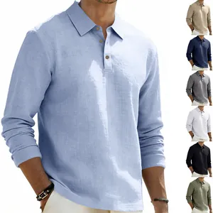 Men Casual Linen Blend Long Sleeve Polo Shirt American Loose Fit Solid Color Lapel Breathable Woven Business Top