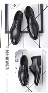 Detailed view of men's black lace-up business shoes with textured leather pattern
