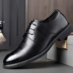 Men Business Formal Oxford Shoes Recycled Leather Embossed Lace-up Height Increasing Dress Shoes Non-slip Rubber Sole Office Shoes