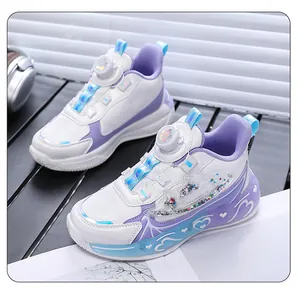 Detailed view of purple girls' running shoes with LED lights and rotary dial buckle.