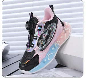 Close-up of girls princess running shoes with glowing LED soles and holographic finish