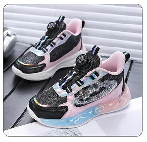 Detail shot of girls' holographic princess shoes with rotary buckle and LED lights.