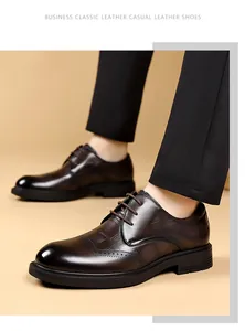 Detail shot of men's embossed leather business shoes showing refined Brogue texture.