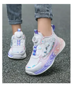 Close-up of girls princess running shoes with rotating buckle and heart sole details