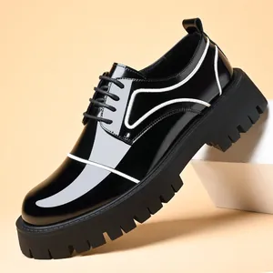 Men's British Style Leather Shoes Thick Sole Casual Oxford Shoes Business Glossy Fashion Dress Shoes Black Large Toe Shoes