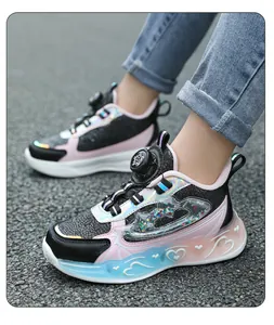 Detail of pink girls waterproof running shoes with rotary buckle and light-up sole