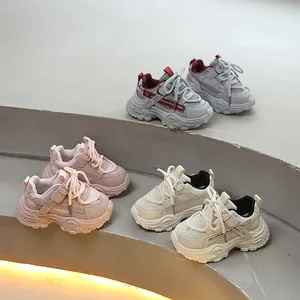 Breathable Synthetic Leather Kids Chunky Sneakers Boys Girls Hook And Loop Soft Sole Toddler Student Daily Running Footwear