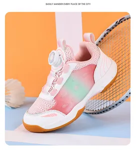 Close-up detail of lightweight junior badminton shoes featuring breathable mesh and rotary buckle