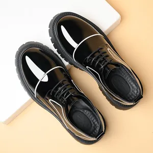 British style glossy black patent leather men oxfords with thick sole and white piping
