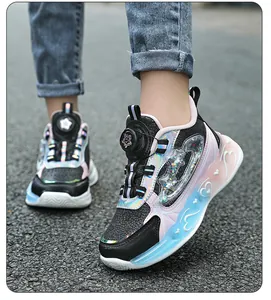 Durable girls' waterproof running shoes with a rotary buckle and heart patterns.