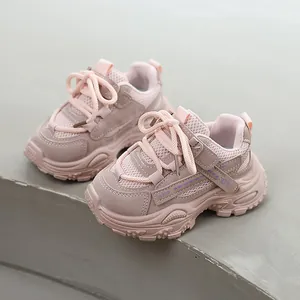 Stylish pink children's sneakers featuring breathable mesh panels and soft thick non-slip soles