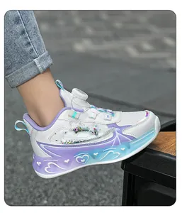 Girls LED light-up running shoes with rotary buckle and heart detail in white purple