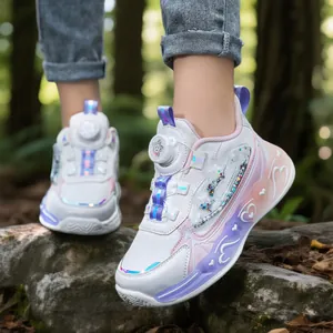 Girls Light-Up Sneakers Waterproof Microfiber Leather Rotary Buckle Running Shoes For Kids Toddler Non-Slip Heart Pattern Princess Style Pink Purple Black