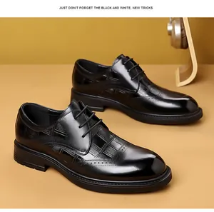 Polished black leather men's business dress shoes with embossed plaid texture details
