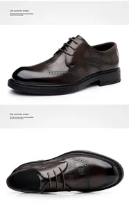 Detailed macro view of men's dark brown embossed leather Brogue business dress shoes