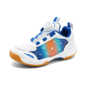 Breathable kids badminton shoes with rotating buckle and blue orange gradient.