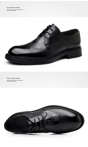 Detail view of black leather business shoes with brogue patterns and embossed finish