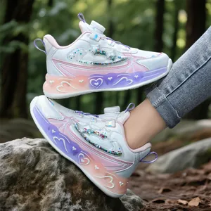 Girls' princess style waterproof running shoes with colorful LED lights and dial lace