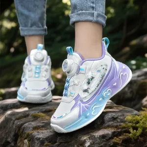 Girls purple princess style waterproof running shoes with rotating buckle lace dial
