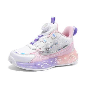 Princess style girls' running shoes with waterproof leather and LED heart lights