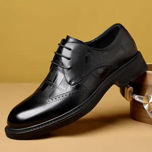 Men Business Formal Leather Shoes Brogue Embossed Oxford Derby Shoes Lace-up Breathable Non-slip Rubber Sole Wedding Shoes