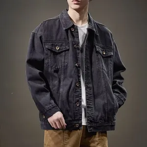 Lockere Herren-Jeansjacke in Waschschwarz mit lässigem Revers und Metallknöpfen