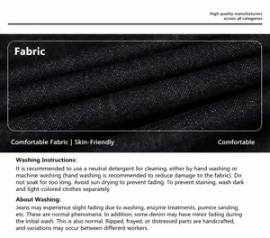 Close-up of black stretch denim fabric with detailed washing and care instructions