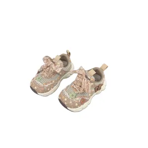 Atmungsaktive Mädchen-Turnschuhe mit Blumenmuster und eleganten Spitzenschleifen für Frühling