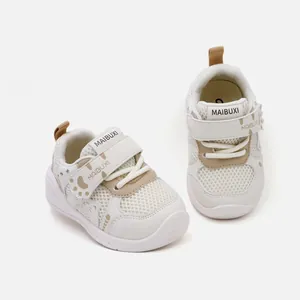 Breathable white and beige mesh toddler walking shoes with soft non-slip soles