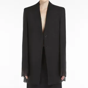 Veste blazer noire élégante avec boutons en résine décoratifs et ourlet transparent