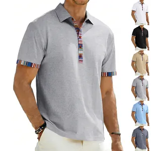 Detailed view of men's polo shirt featuring colorful striped trim and multi-color palette