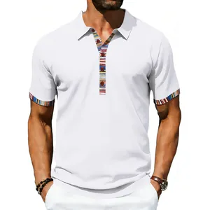 Men's white short sleeve polo shirt with colorful Navajo-style patterned detailing
