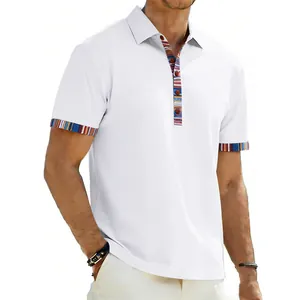 Detailed view of white men's Polo shirt featuring Navajo style striped collar and cuffs