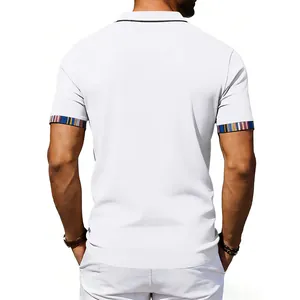Back view of white polo shirt for men with vibrant colorful striped cuff details