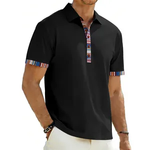 Close-up detail of a black men's Polo shirt featuring Navajo style patterned collar and cuffs