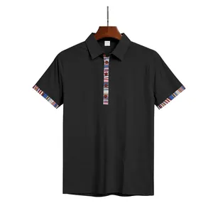 Men's black Polo shirt featuring Navajo-inspired colorful patterned trim on cuffs and collar.