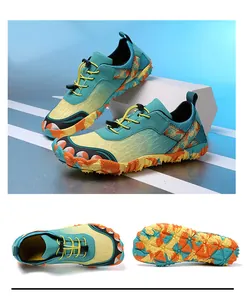 Multi-angle views of teal hiking shoes with anti-slip patterned rubber soles for outdoor.