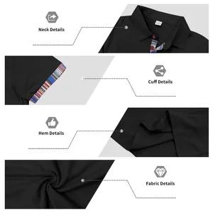 Detailed close-ups of men's Navajo style black polo shirt showing collar and cuffs