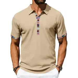 Khaki men's Navajo style polo shirt with colorful striped cuff and placket details