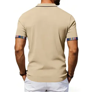 Back view of a khaki men's polo shirt featuring colorful striped cuffs and a classic collar.