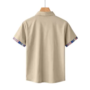 Men's khaki polo shirt with contrast striped cuffs, back view detail