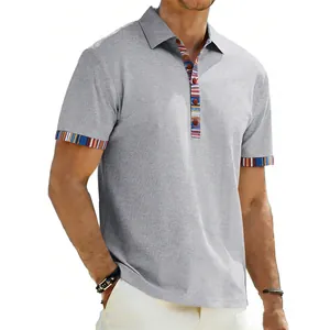 Men's short sleeve polo shirt with colorful Navajo stripe details on collar and cuffs.