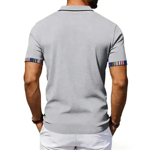 Rear view of a men's grey casual polo shirt featuring colorful striped cuffs