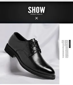 Close-up detail of black leather men's business dress shoe with elegant texture.