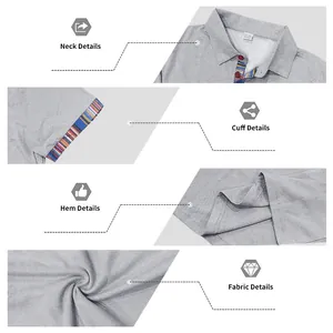 Detailed close-up view of grey polo shirt with Navajo pattern on collar and cuffs.