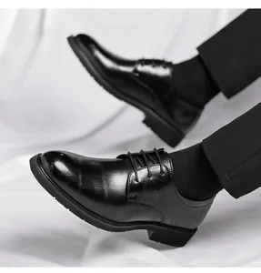 Macro view of premium black men's leather dress shoes with unique textured pattern