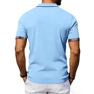 Back view of a men's light blue polo shirt featuring striped contrast cuffs and collar trim.