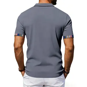 Back view of men's grey polo shirt with Navajo pattern contrast cuffs for summer