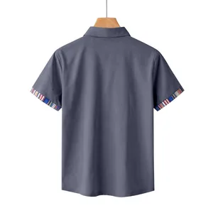 Back view of men's dark grey short sleeve polo shirt with colorful striped cuffs.
