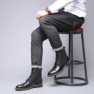 Stylish men's black leather high-top Martin boots with a casual outdoor fashion design